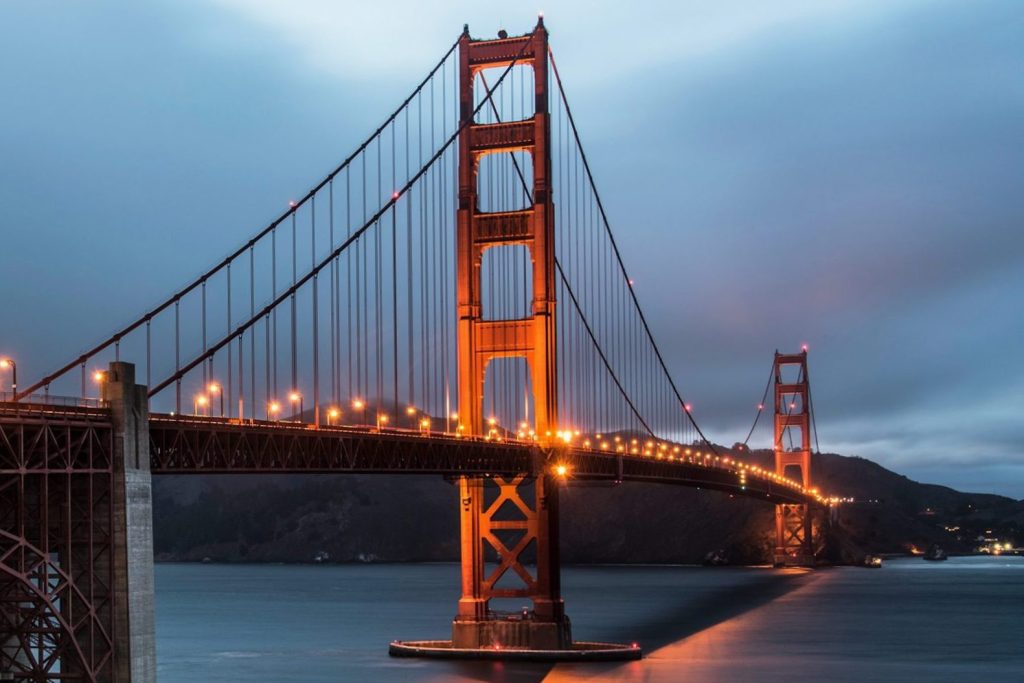 Golden Gate Bridge photographed at dusk in San Francisco.