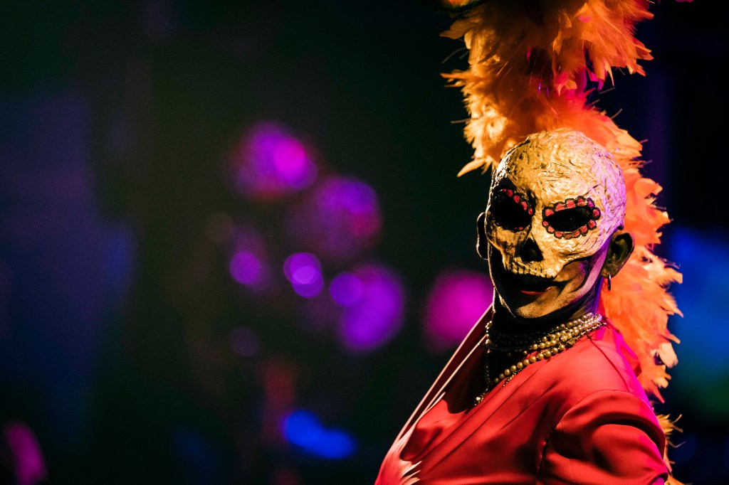Close-up portrait of a performer wearing an elaborate skull mask and feathered headdress.